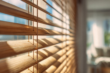 Gentle sunlight pours through wooden slats, creating inviting patterns in a contemporary lounge decorated with soft neutrals and lush greenery.の写真素材