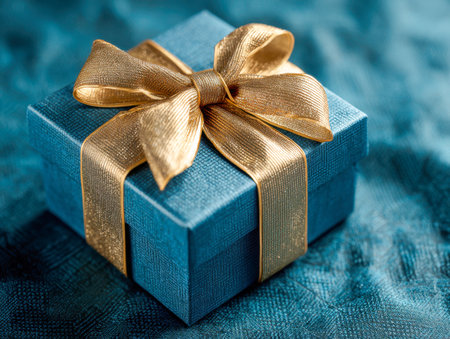 A sophisticated blue gift box with a textured intricate surface, highlighted by a shimmering gold ribbon and bow, resting on a matching fabric backdrop for memorableの写真素材