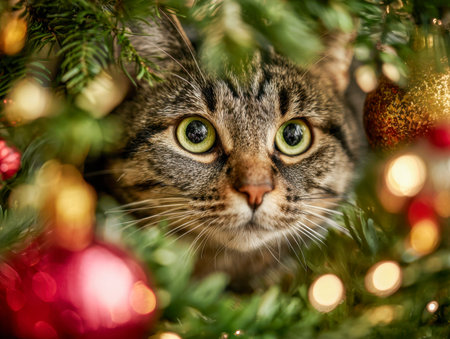 A playful tabby feline with striking green gaze explores a decorated holiday evergreen, its curiosity ignited by shimmering baubles and cozy illumination.の写真素材