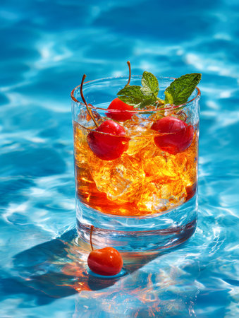 A vivid scene of a cool, golden drink with glistening ice cubes, ripe cherries, and fragrant mint...