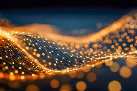 A luminous golden grid of undulating lines interwoven with radiant nodes illustrates dynamic digital exchanges and innovative technological networks within a shadowy settの写真素材