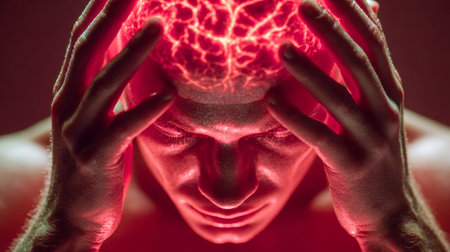 A man grips his head amid stark shadows, his illuminated crimson brain revealing overwhelming...