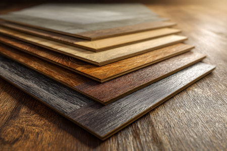 An array of wood laminate samples with diverse tones and surfaces unfolds in a radiant fan, illustrating creative flooring choices for stylish home updates.の写真素材