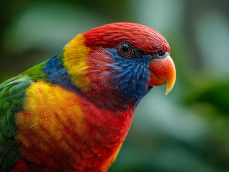 A lively tropical bird exhibits an array of vivid feathers in striking reds, blues, yellows, and greens, set against a gentle, out-of-focus jungle backdrop.の写真素材