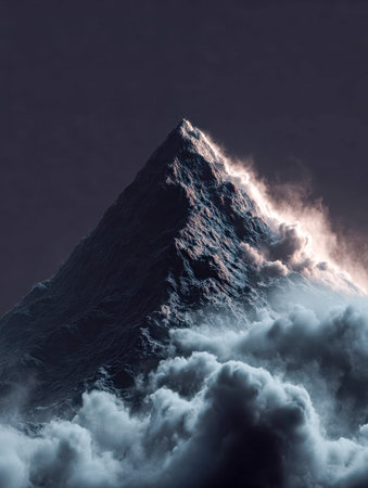 A commanding mountain summit pierces swirling fog under vivid dusk illumination, evoking a realm of...