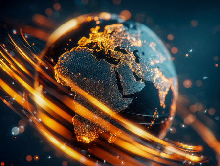 A high-tech representation of global connectivity featuring a luminous Earth focusing on Europe and Africa, encircled by vibrant orange streaks illustrating digitalの写真素材