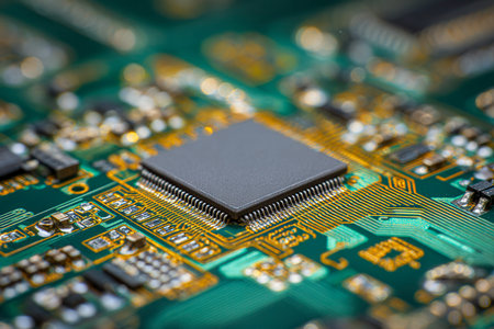 A close-up of a high-precision microchip embedded on a vibrant green and gold circuit board,...