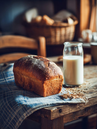 Warm sunlight illuminates a handcrafted bread and a chilled glass of milk set on a rustic wooden...