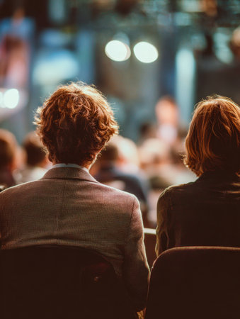 Focused individuals sit in a subdued auditorium, absorbing insights while the stage remains softly obscured behind a gentle blur of fellow participants.の写真素材