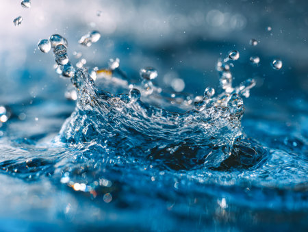 A vibrant burst of azure liquid in lively motion, with glittering droplets scattering gracefully...