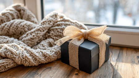 A warm, inviting corner features a sleek black gift box adorned with rustic burlap, nestled beside a plush beige knit blanket, bathed in gentle daylight through a neの写真素材