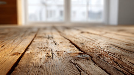 A sunlit space features a textured, aged wooden tabletop showing rich grain details, perfect for inspiring cozy, vintage-inspired interior styling.の写真素材
