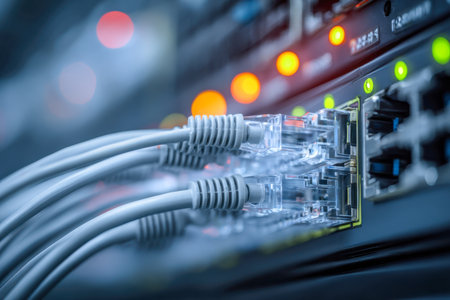 Vibrant network cables link to a switch, their illuminated indicators symbolizing active data flow and seamless internet access within a high-tech server environmentの写真素材