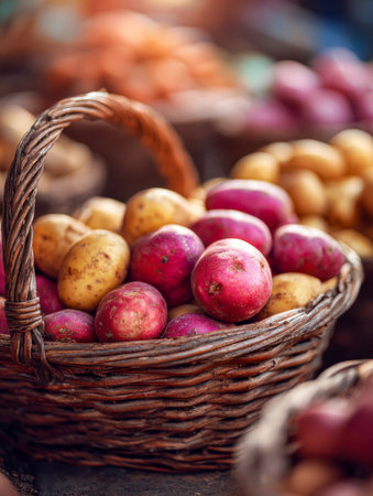 A handcrafted wicker basket brimming with glossy red and golden tubers, set amidst rows of fresh vegetables, evoking rustic charm and local abundance.の写真素材