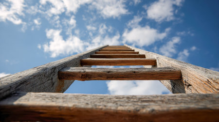An aged wooden ladder reaches skyward, set against a backdrop of swirling clouds and vibrant blue, embodying dreams, ambition, and the journey to greater achievements.の写真素材