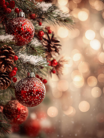 Bright crimson decorations dusted with snow sway among lush pine needles, accented by pinecones and berries, set against a cozy, glowing backdrop with gentle bokeh lightsの写真素材