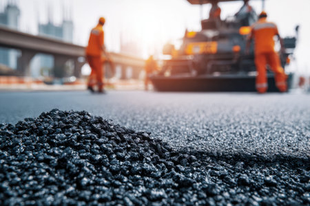Workers in bright orange gear operate large pavement machines, smoothing new asphalt as the evening...