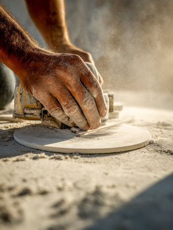 An experienced artisan outdoors carves a precise circle into a dusty stone surface, sunlight catching airborne particles, emphasizing focus and craftsmanship.の写真素材
