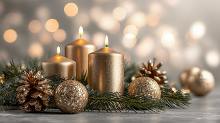 A sophisticated holiday arrangement displaying shimmering candles, rustic pinecones, colorful ornaments, and lush evergreen sprigs, illuminated by gentle, warm lights.の写真素材