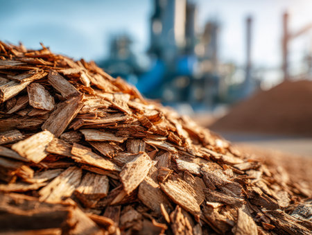 A heap of finely shredded wood material rests in the foreground, with a distant refinery silhouette and bright sunlight highlighting a crisp, clear sky.の写真素材