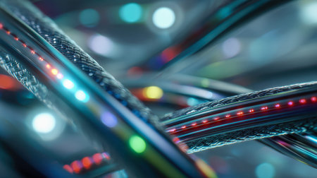 A complex network of sleek metallic strands intertwined with vibrant fiber optics emitting luminous...