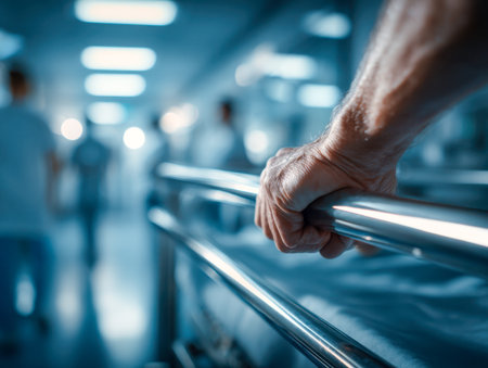 A patient clutches the bed railing in a hospital corridor, with compassionate staff softly blurred in the background, conveying comfort and attentive care.の写真素材
