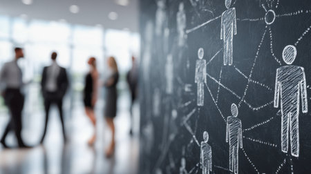 A dynamic blackboard featuring chalk sketches of individuals linked in a web of connections, with softly focused professionals engaging in dialogue behind.の写真素材