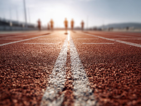 Athletes ready at the starting line, illuminated by vivid sunlight, with detailed lane markings creating a dynamic backdrop on the vibrant red surface of an open-airの写真素材