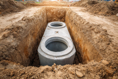 A massive concrete chamber placed within a deep, rectangular pit, encircled by loose earth, forming part of an underground sewage infrastructure project.の写真素材