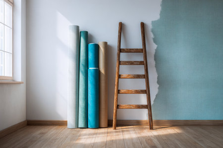 Sunlit room with warm wooden floors features a leaning ladder beside a stack of wallpaper rolls, revealing the transformation with a textured blue wall in progress.の写真素材