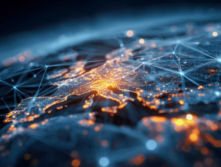 A vibrant, illuminated map of Europe highlighting interconnected nodes and radiant data streams, symbolizing cutting-edge communication networks and global connectivの写真素材