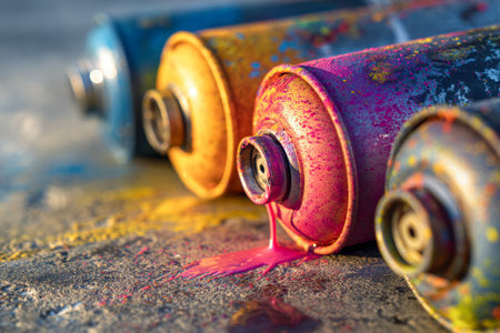 Bright spray cans rest on a textured surface, surrounded by flowing paint drips and lively splashes, evoking a spontaneous and dynamic creative mood in daylight.の写真素材