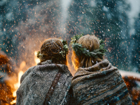 Cozy companions lounge beside a flickering fire beneath a snowy sky, their festive greenery and snug blankets creating a heartwarming winter scene.の写真素材