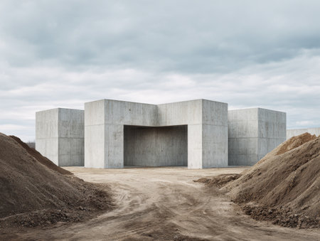 A sleek concrete design featuring sharp geometric forms stands against a moody, overcast sky, amidst rugged mounds of soil at a construction zone.の写真素材