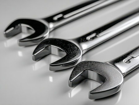 Diagonally set gleaming wrenches with textured grips rest on a mirror-like surface, highlighting their meticulous finish and expert craftsmanship.の写真素材