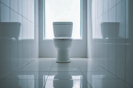 A sleek, contemporary bathroom with a solitary white ceramic fixture set against glossy, mirror-like tiles that reflect abundant natural sunlight, creating a sereneの写真素材