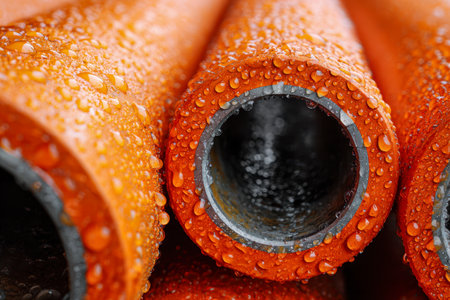 Vibrant orange pipes densely clustered, glistening with tiny water droplets that highlight their rugged texture and reflective surfaces beneath gentle, diffuse lightの写真素材