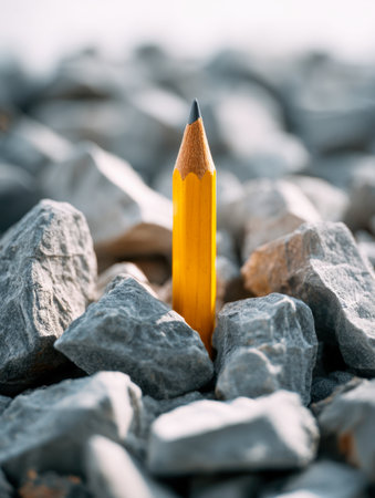 A vivid yellow pencil, gleaming with sharp precision, rises among coarse gray rocks, embodying determination and inventive spirit under gentle daylight.の写真素材