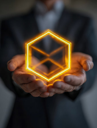 A confident professional showcases a luminous, cutting-edge hexagonal form, embodying the essence of innovation amidst a sleek, moody backdrop.の写真素材