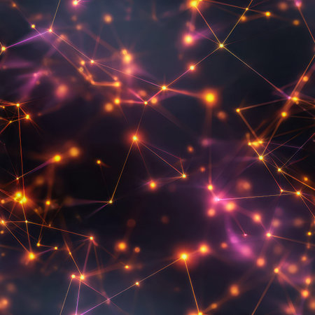 A luminous web of interconnected points and energetic lines in rich purple and orange hues,...