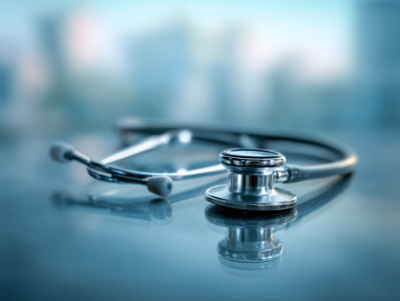 A sleek stethoscope is placed on a polished surface, mirroring its form amid a softly blurred cityscape, capturing the essence of contemporary medical innovation.の写真素材