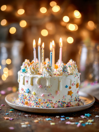 A cheerful celebration centerpiece featuring a layered cake adorned with vibrant sprinkles and flickering flames, set on a rustic wooden surface illuminated by softly shiの写真素材