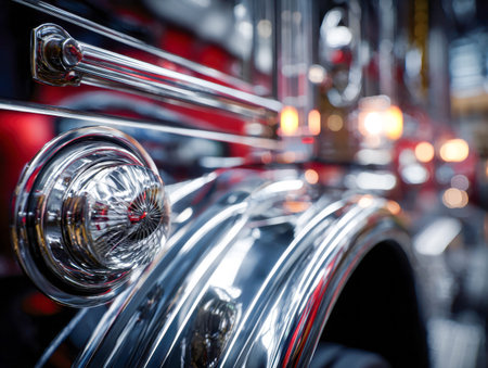 An elegant close-up captures the gleaming chrome accents and intricate fittings of a classic fire...
