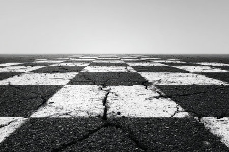 An aged, fractured roadway features a fading black-and-white checkered design stretching into a misty distance beneath a heavy, gray sky.の写真素材