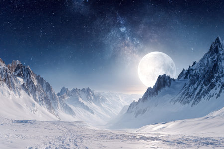 A mesmerizing winter scene with a luminous full moon casting a gentle glow over rugged, snowblanketed mountains beneath a clear, star-studded sky dotted with vibrantの写真素材