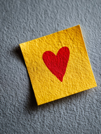 A vibrant yellow sheet featuring a casual red heart sketch, placed on a rugged gray background, evoking feelings of warmth, tenderness, and heartfelt connection.の写真素材