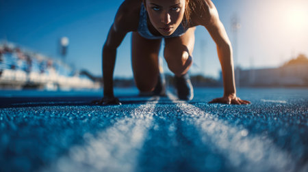 An intense female sprinter prepares to launch into a race, poised at the station on a vibrant blue track, beneath a bright, cloudless sky during a daylight trainingの写真素材