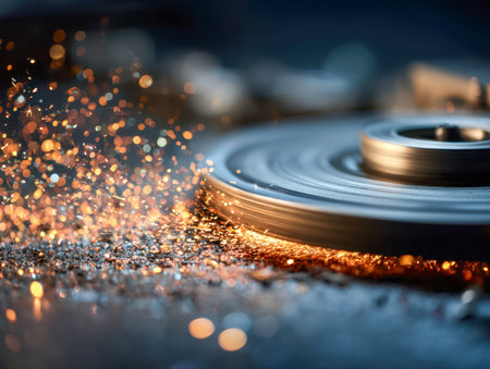 A close-up captures the intense moment as a spinning abrasive disc sparks brightly while shaping a metal piece, set against a bustling workshop backdrop.の写真素材