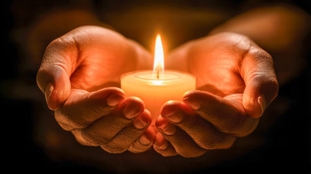 A gentle hand cradles a luminous flame, radiating calm and optimism amid shadowed surroundings, perfect for fostering reflection and inner peace.の写真素材