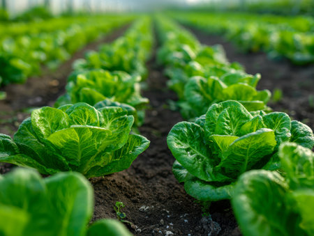 Vibrant, leafy greens thrive in rich earth beneath bright sunshine, illustrating healthy crop cultivation in an organized vegetable patch on a clear, warm day.の写真素材